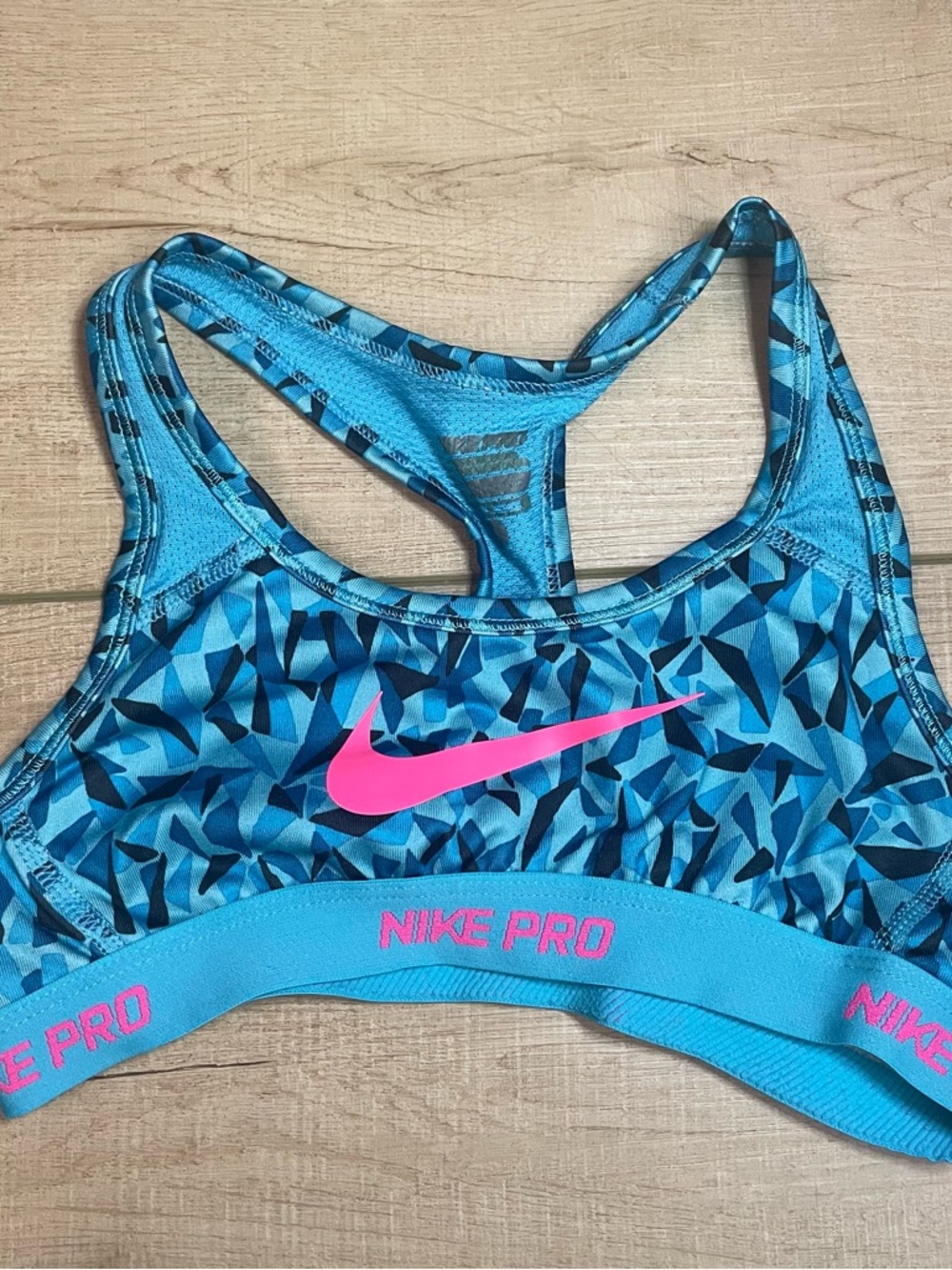 Nike Pro Girls Kids Blue and Pink Sports Bra - Geometric Print Sz Small